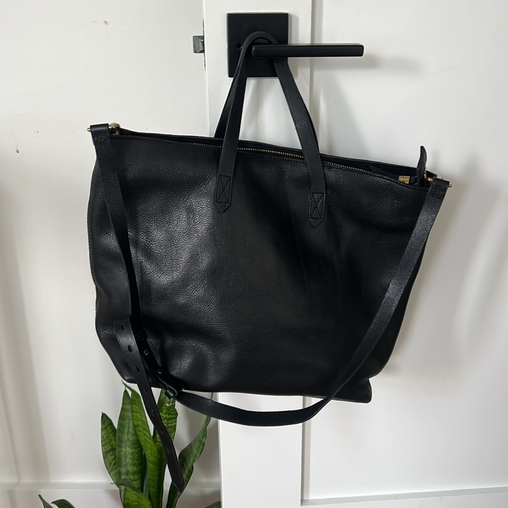 Madewell black leather cross body work tote bag, NWT